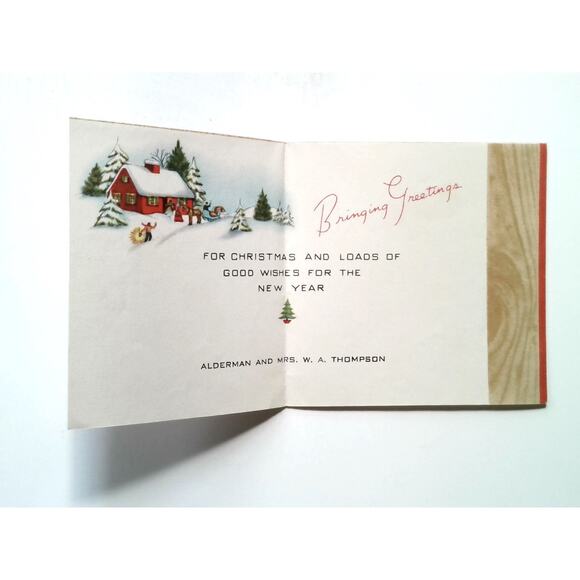 Vintage Christmas Greeting Card Wood Panel Snowy Scene Made in USA - Picture 2 of 3